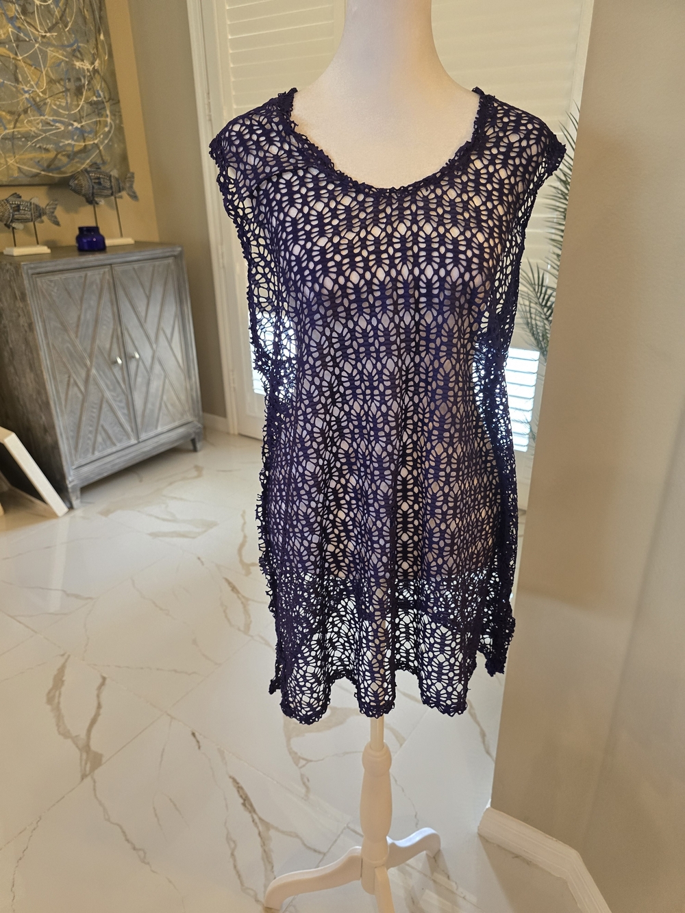 Crochet Shell-Knit Swim Cover-Up Tunic in Navy